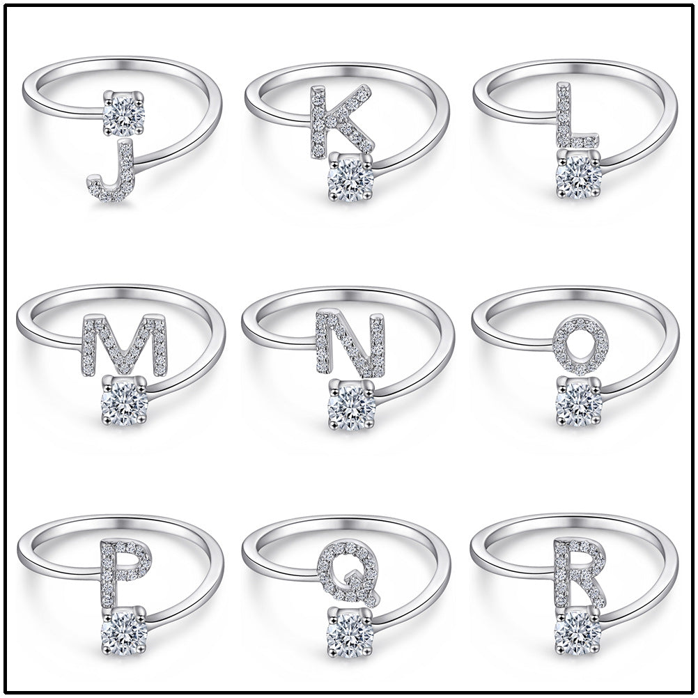 S925 Simple and Personalized 26 English Letter Diamond Set Adjustable Fashion Ring with Opening