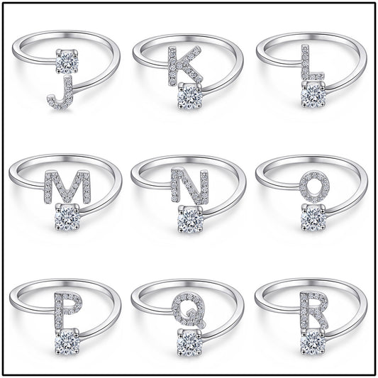 S925 Simple and Personalized 26 English Letter Diamond Set Adjustable Fashion Ring with Opening