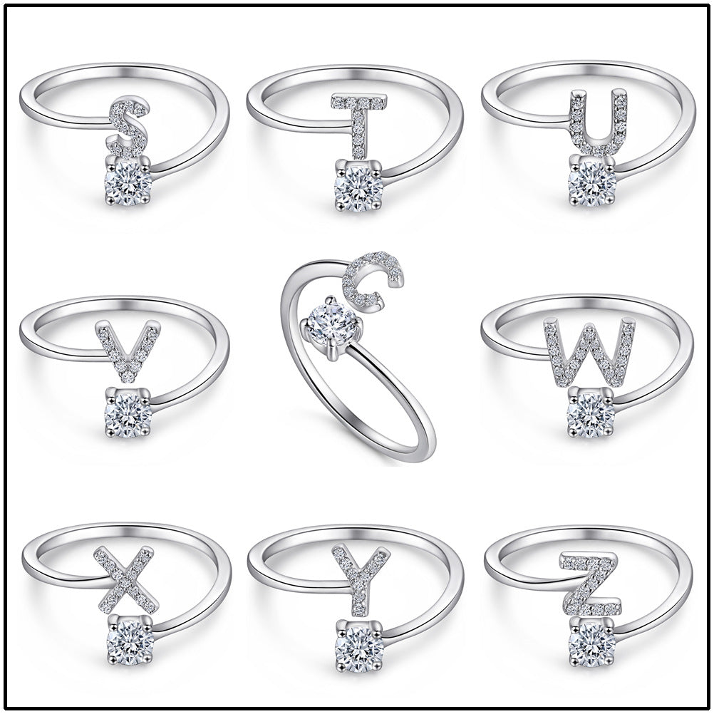 S925 Simple and Personalized 26 English Letter Diamond Set Adjustable Fashion Ring with Opening