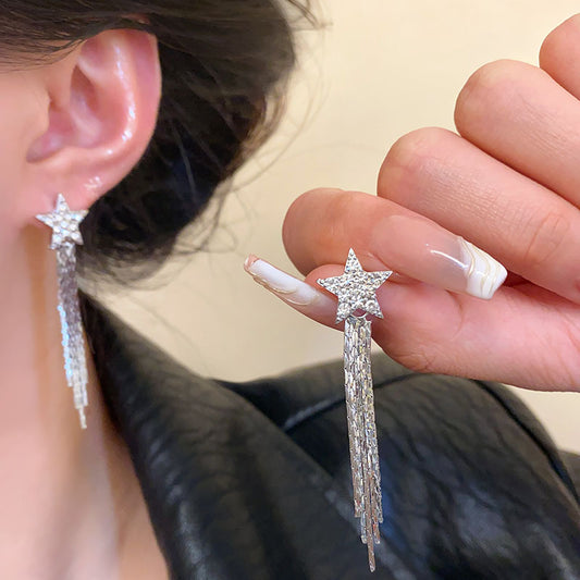 Five pointed star full diamond tassel earrings