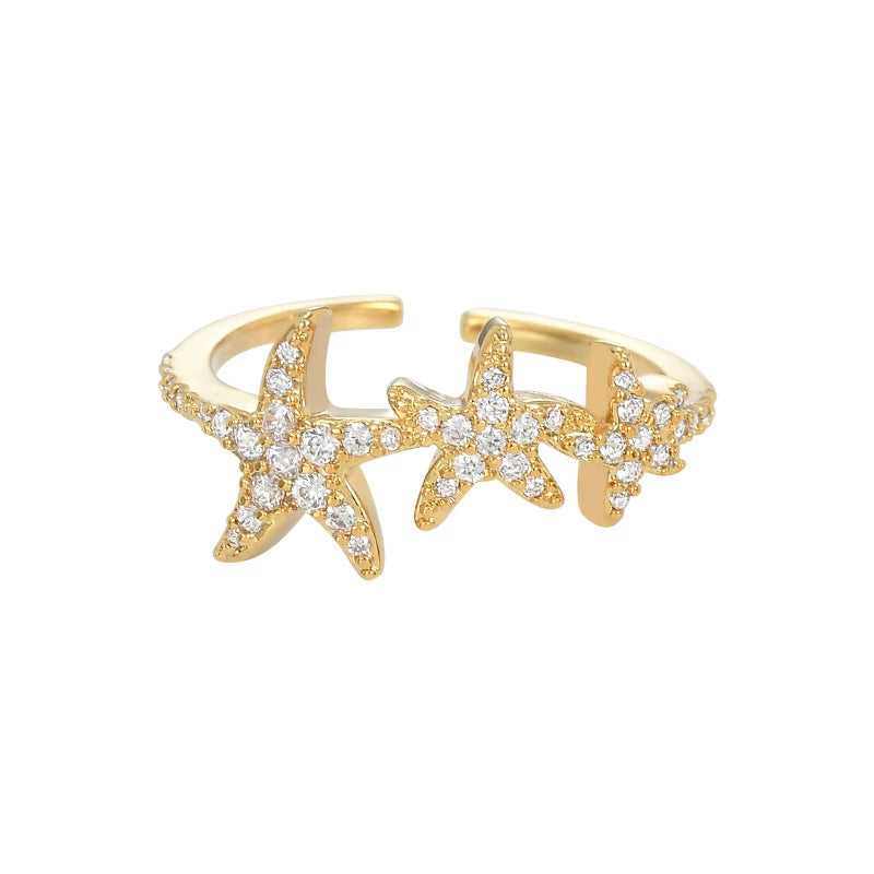 Electroplated zircon inlaid personalized open ring for women with a niche design, starfish ring, exquisite and versatile index finger ring